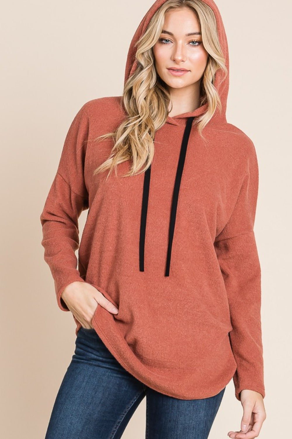 BOMBOM Contrast Drawstring Drop Shoulder Knit Hoodie - Hoodie - Brick - Bella Bourget