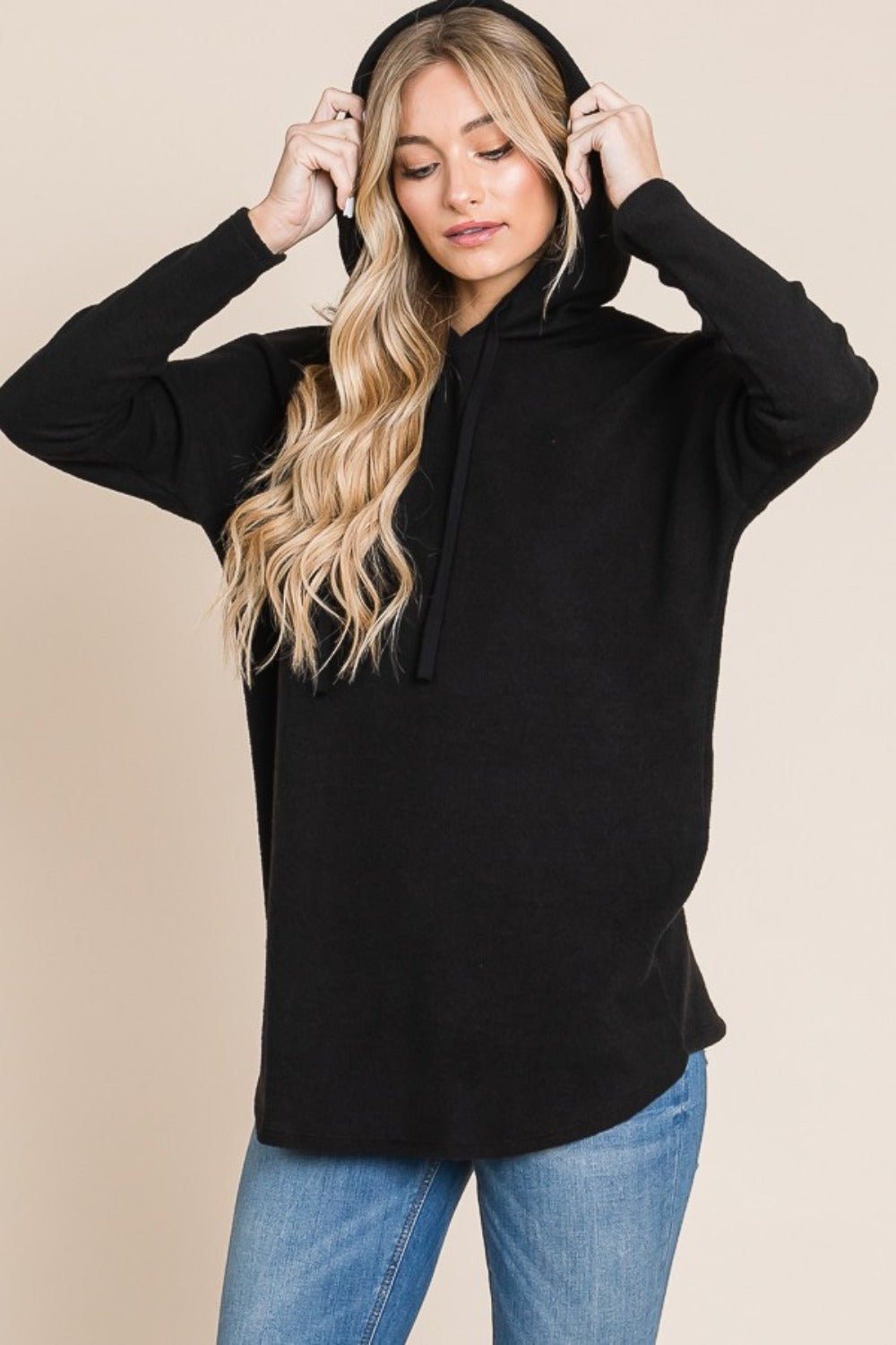 BOMBOM Contrast Drawstring Drop Shoulder Knit Hoodie - Hoodie - Black - Bella Bourget