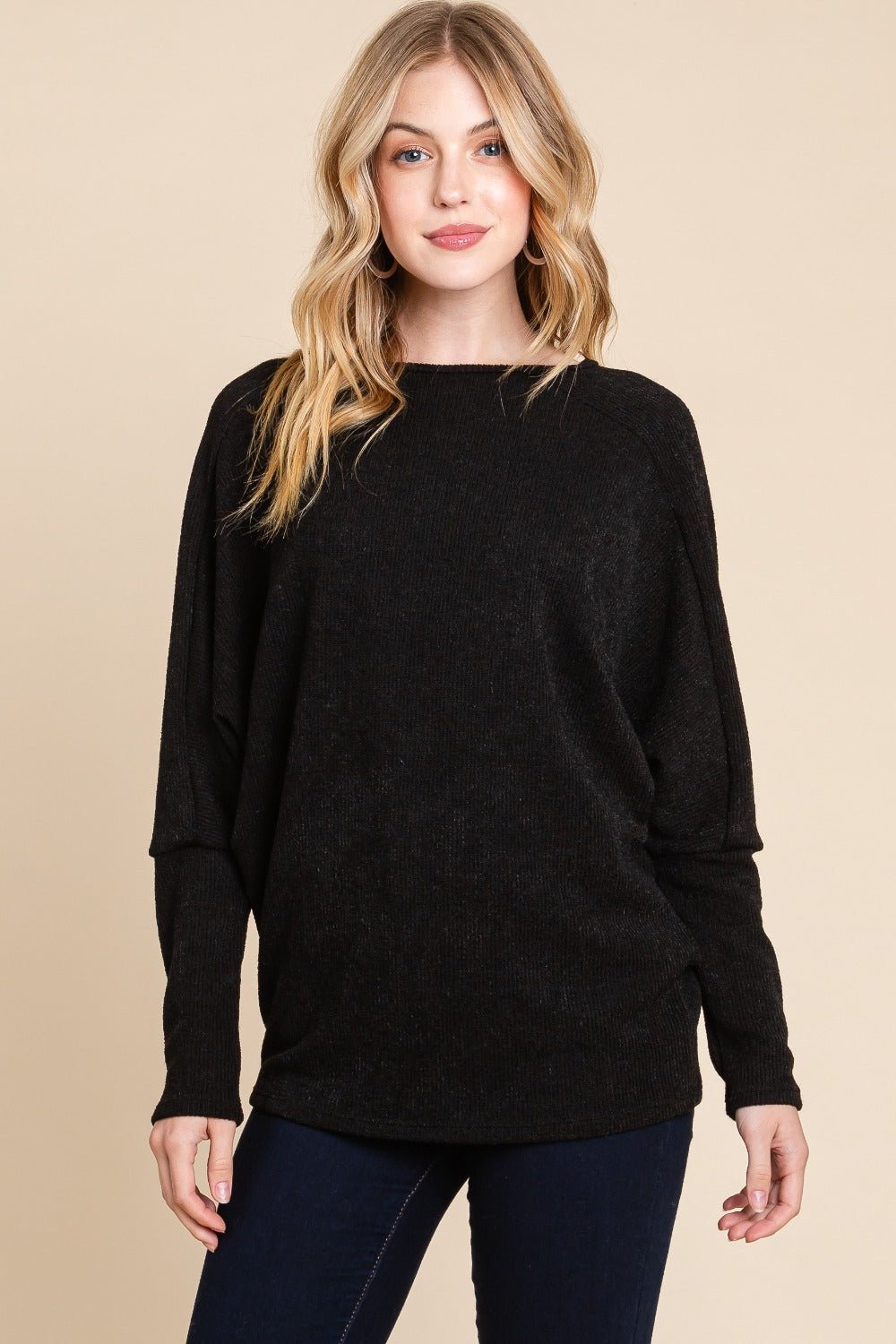 BOMBOM Drop Shoulder Long Sleeve Knit Top - Sweater - Black - Bella Bourget