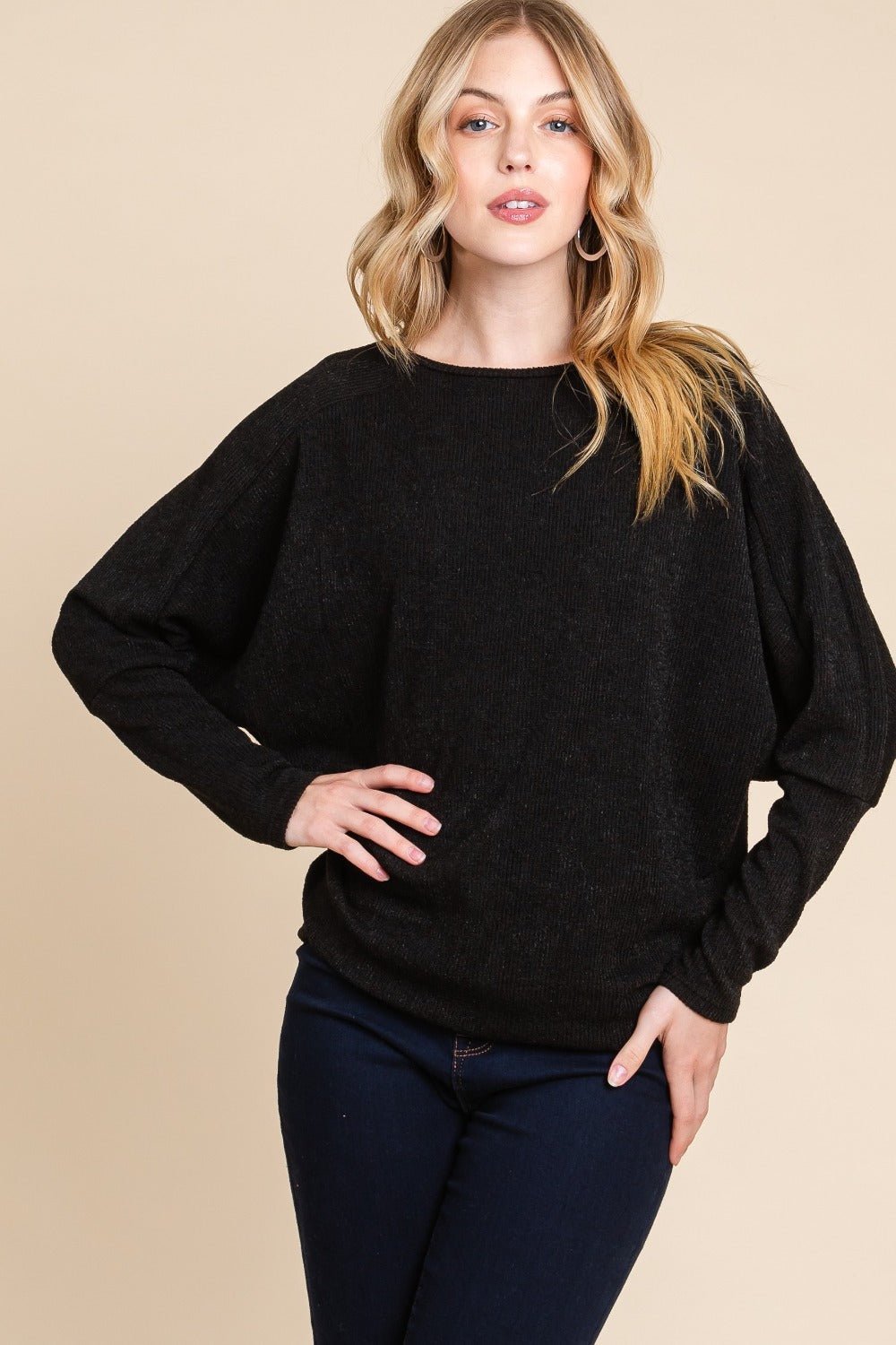 BOMBOM Drop Shoulder Long Sleeve Knit Top - Sweater - Black - Bella Bourget