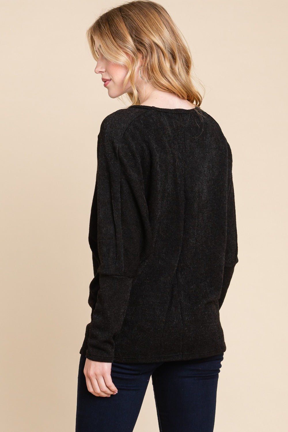 BOMBOM Drop Shoulder Long Sleeve Knit Top - Sweater - Black - Bella Bourget