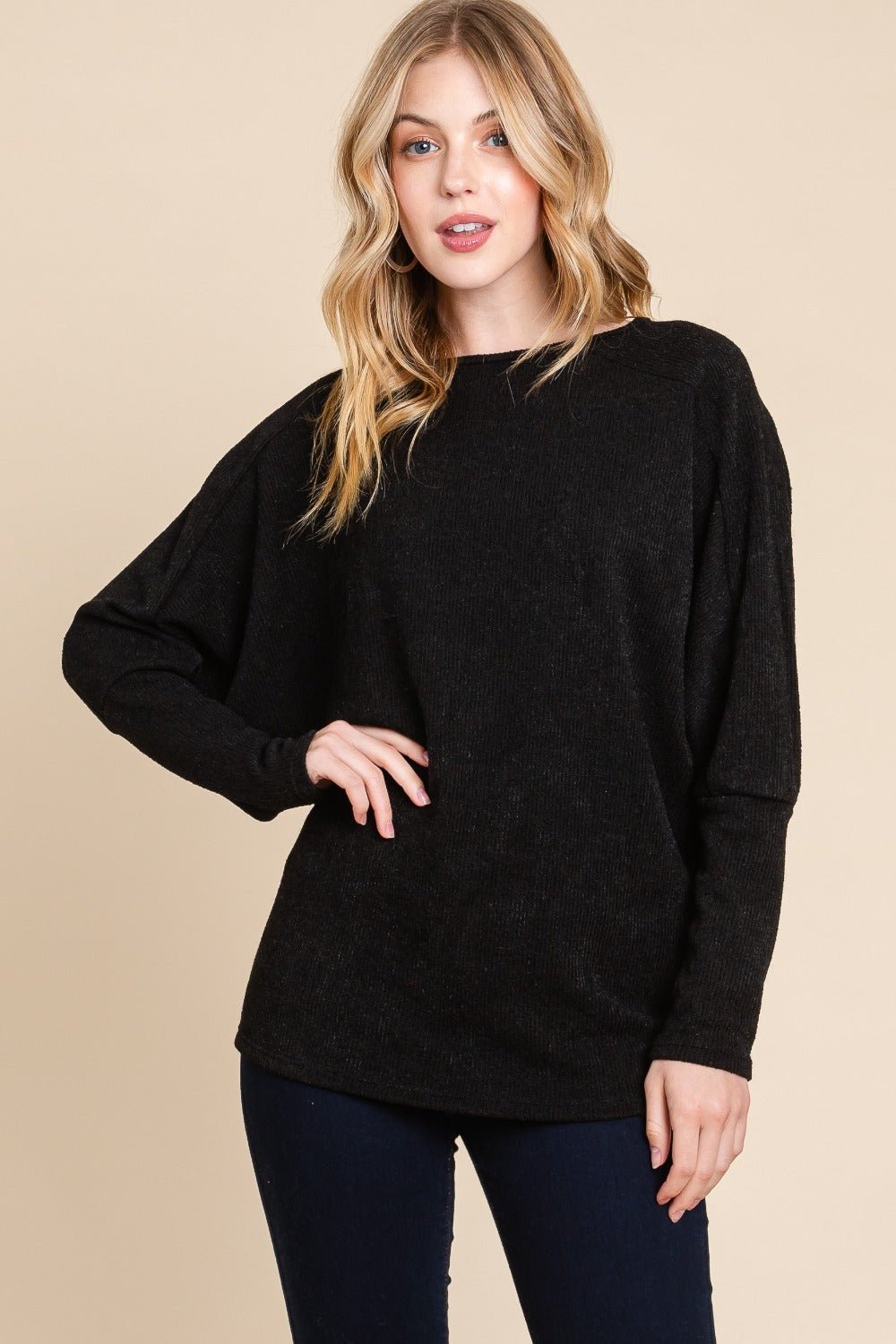 BOMBOM Drop Shoulder Long Sleeve Knit Top - Sweater - Black - Bella Bourget