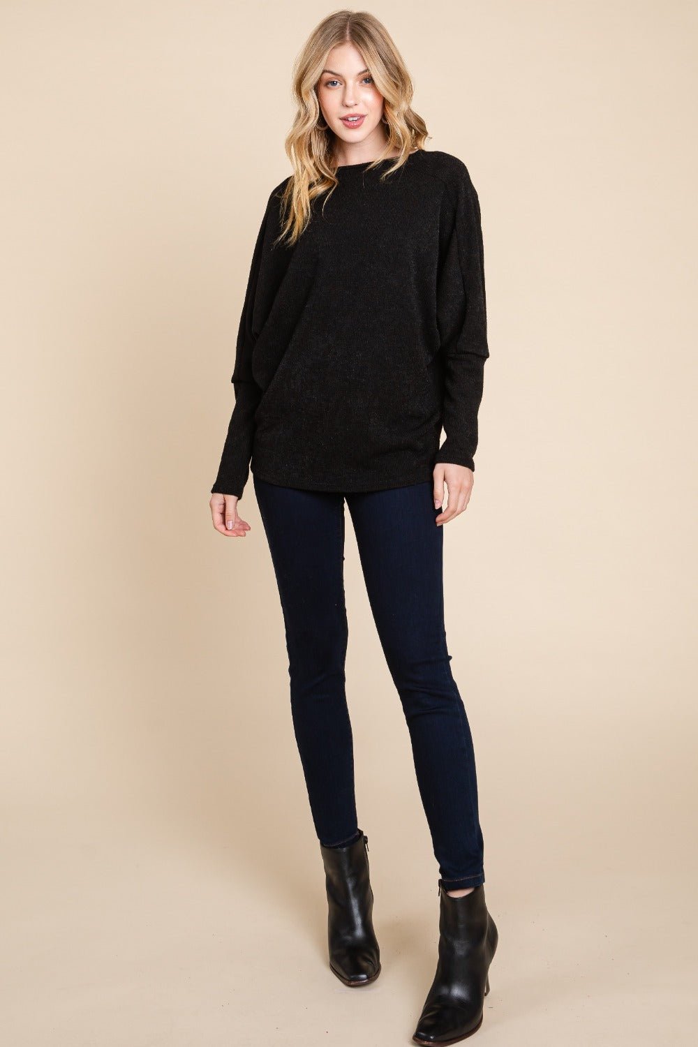 BOMBOM Drop Shoulder Long Sleeve Knit Top - Sweater - Black - Bella Bourget