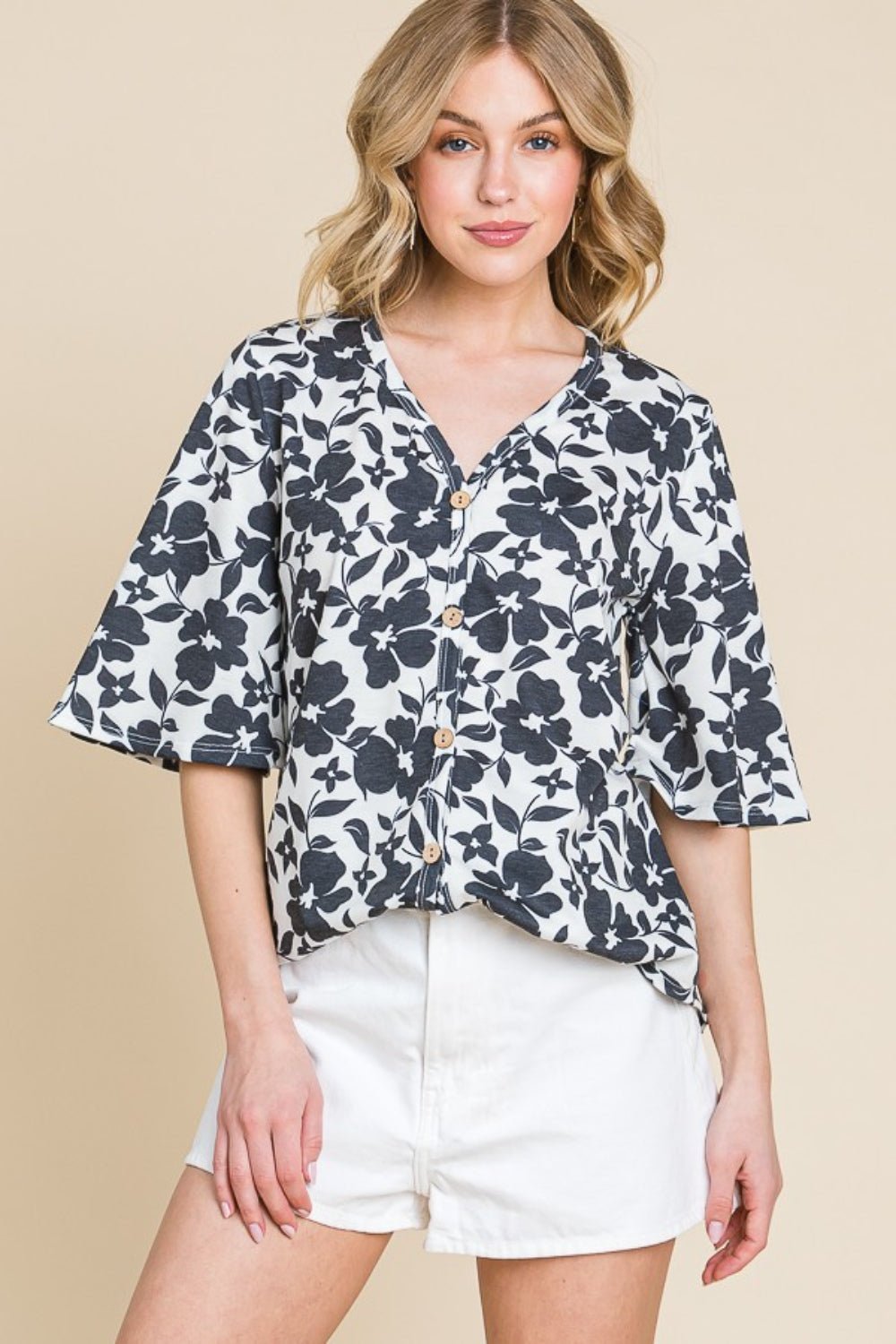 BOMBOM Floral Decorative Button V - Neck Top - Top - Black - Bella Bourget