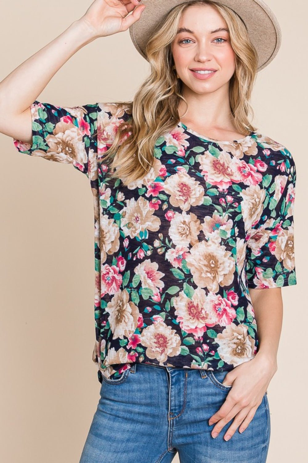 BOMBOM Floral Round Neck T - Shirt - Top - Navy - Bella Bourget