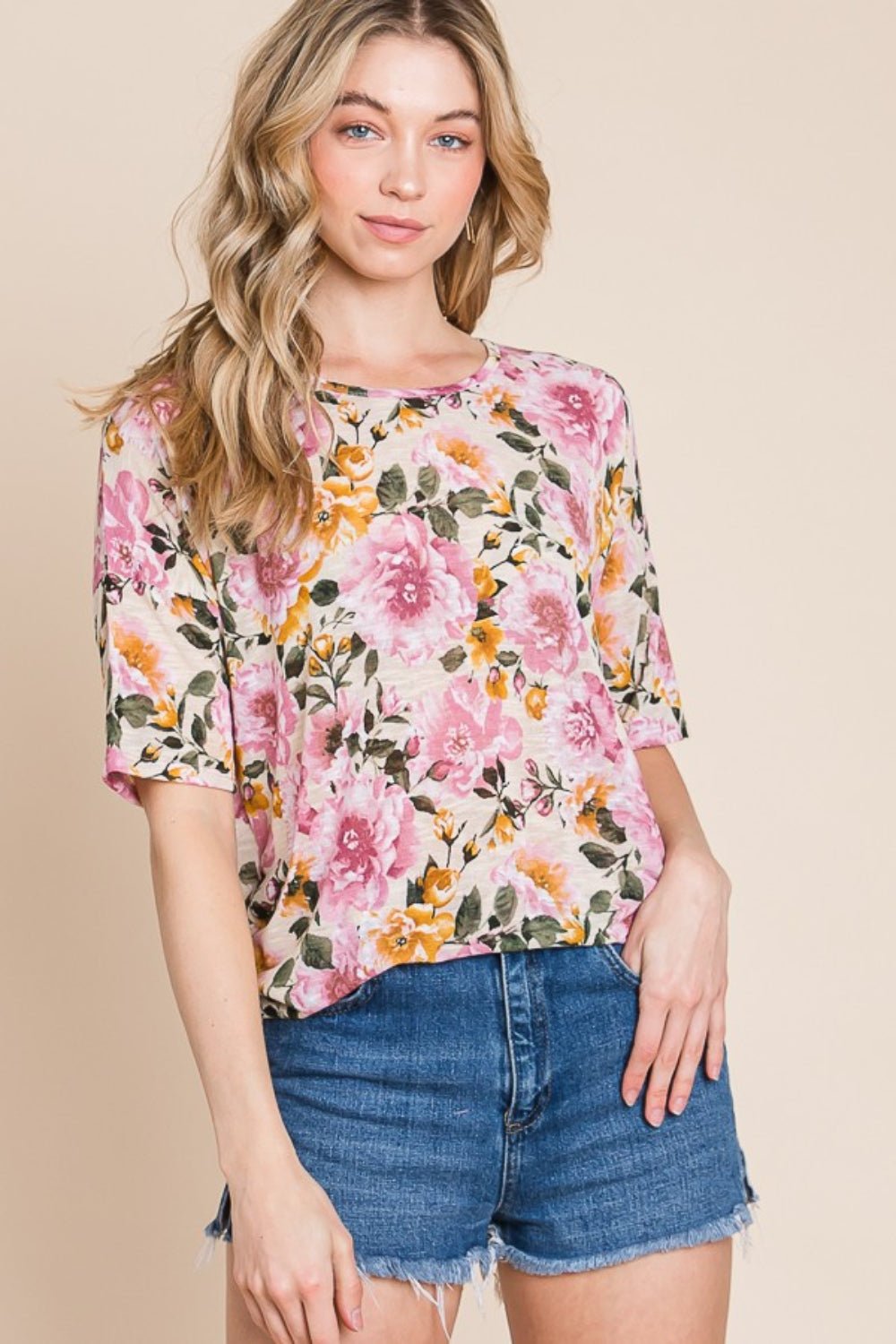 BOMBOM Floral Round Neck T - Shirt - Top - Sand - Bella Bourget