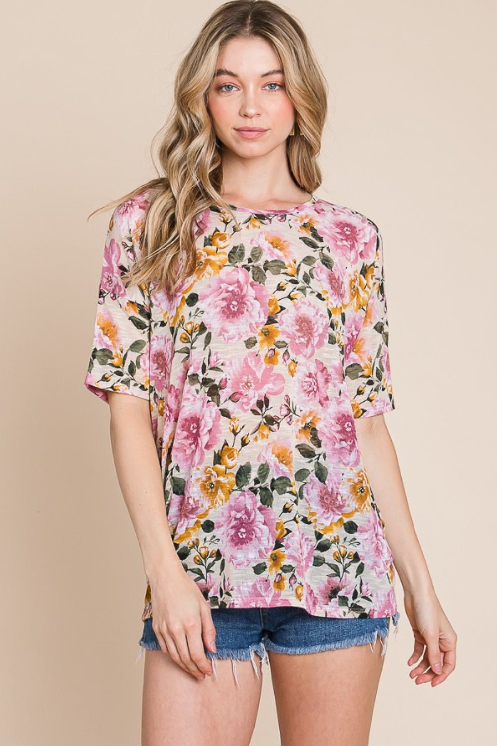 BOMBOM Floral Round Neck T - Shirt - Top - Sand - Bella Bourget