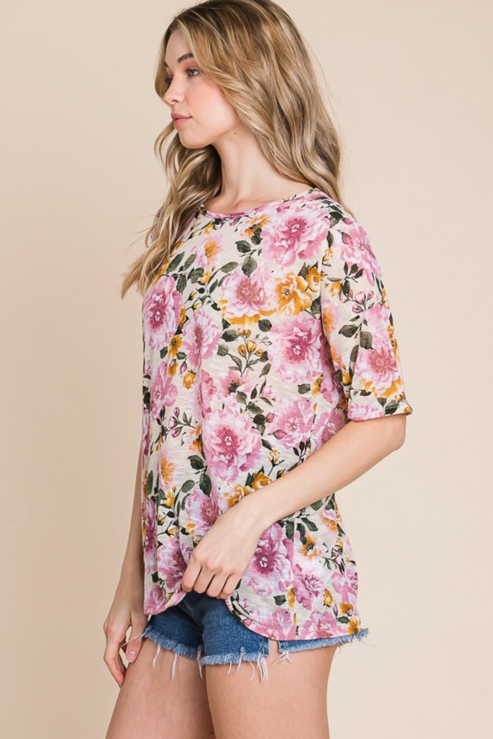 BOMBOM Floral Round Neck T - Shirt - Top - Sand - Bella Bourget