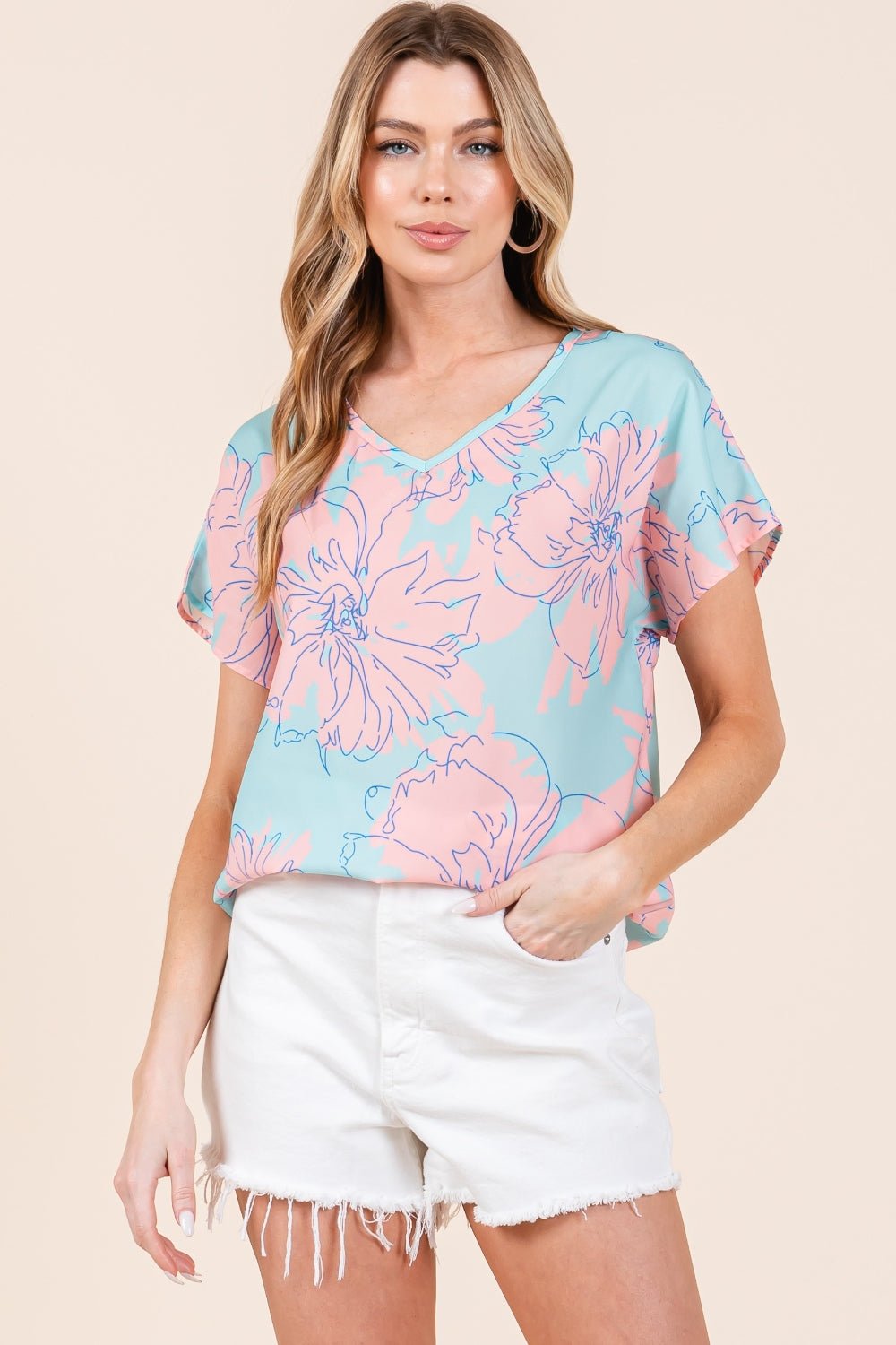 BOMBOM Floral Short Sleeve T - Shirt - Top - Aqua - Pink - Bella Bourget