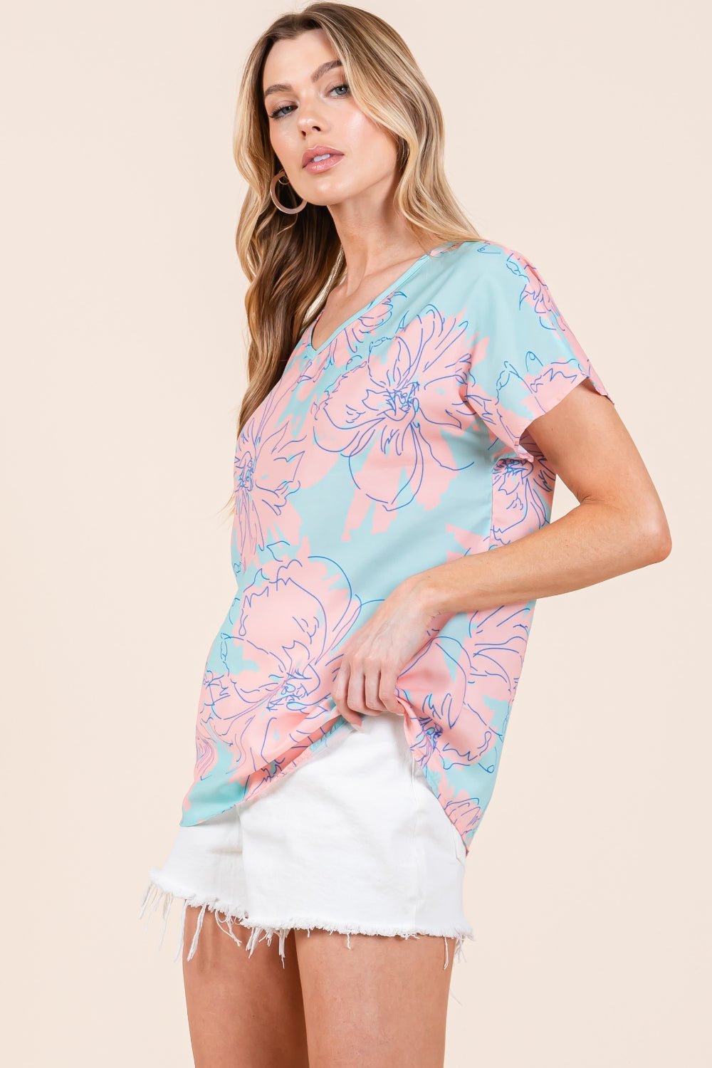 BOMBOM Floral Short Sleeve T - Shirt - Top - Aqua - Pink - Bella Bourget