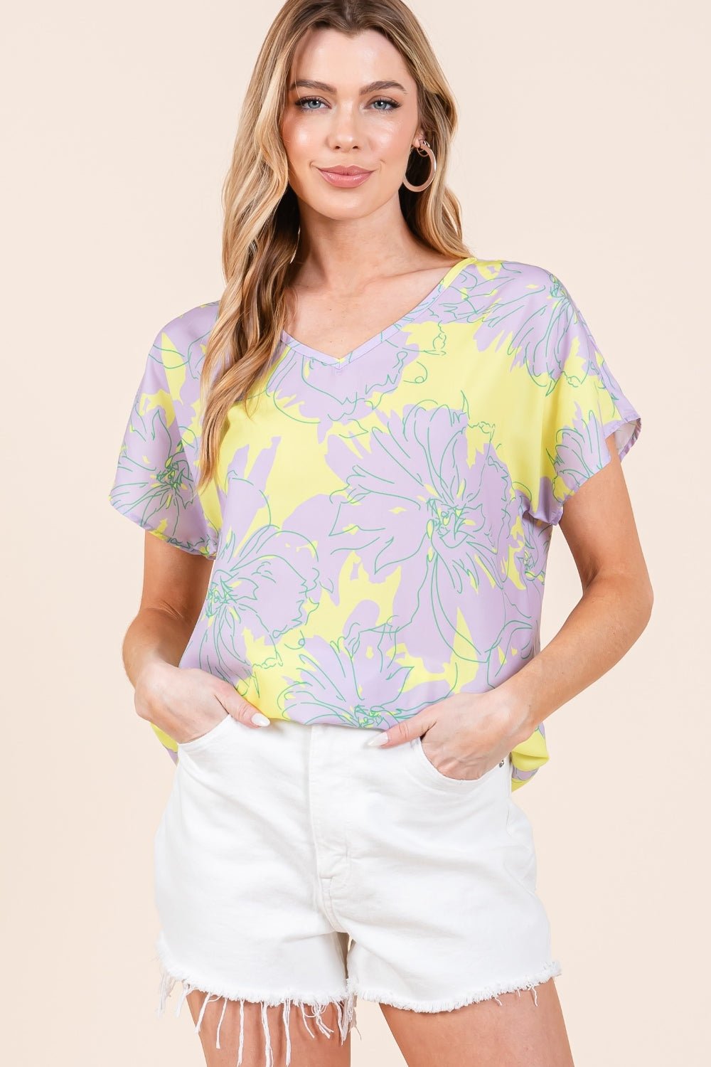 BOMBOM Floral Short Sleeve T - Shirt - Top - Lilac - Yellow - Bella Bourget