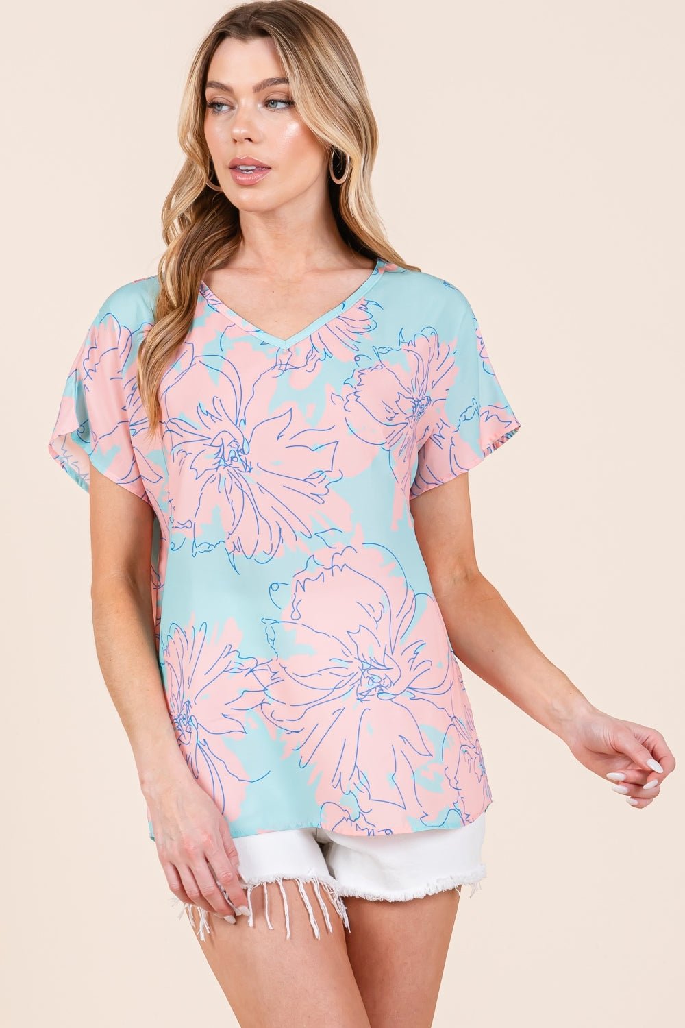 BOMBOM Floral Short Sleeve T - Shirt - Top - Aqua - Pink - Bella Bourget