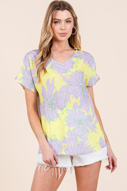 BOMBOM Floral Short Sleeve T - Shirt - Top - Lilac - Yellow - Bella Bourget