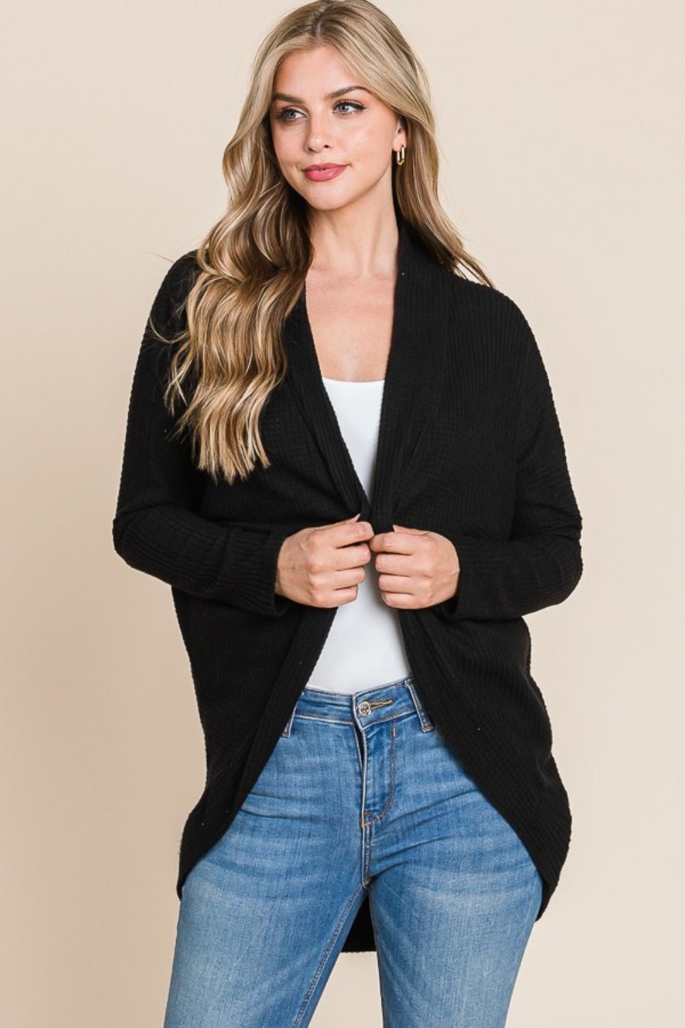 BOMBOM Open Front Waffle Knit Cocoon Cardigan - Cardigan - Black - Bella Bourget