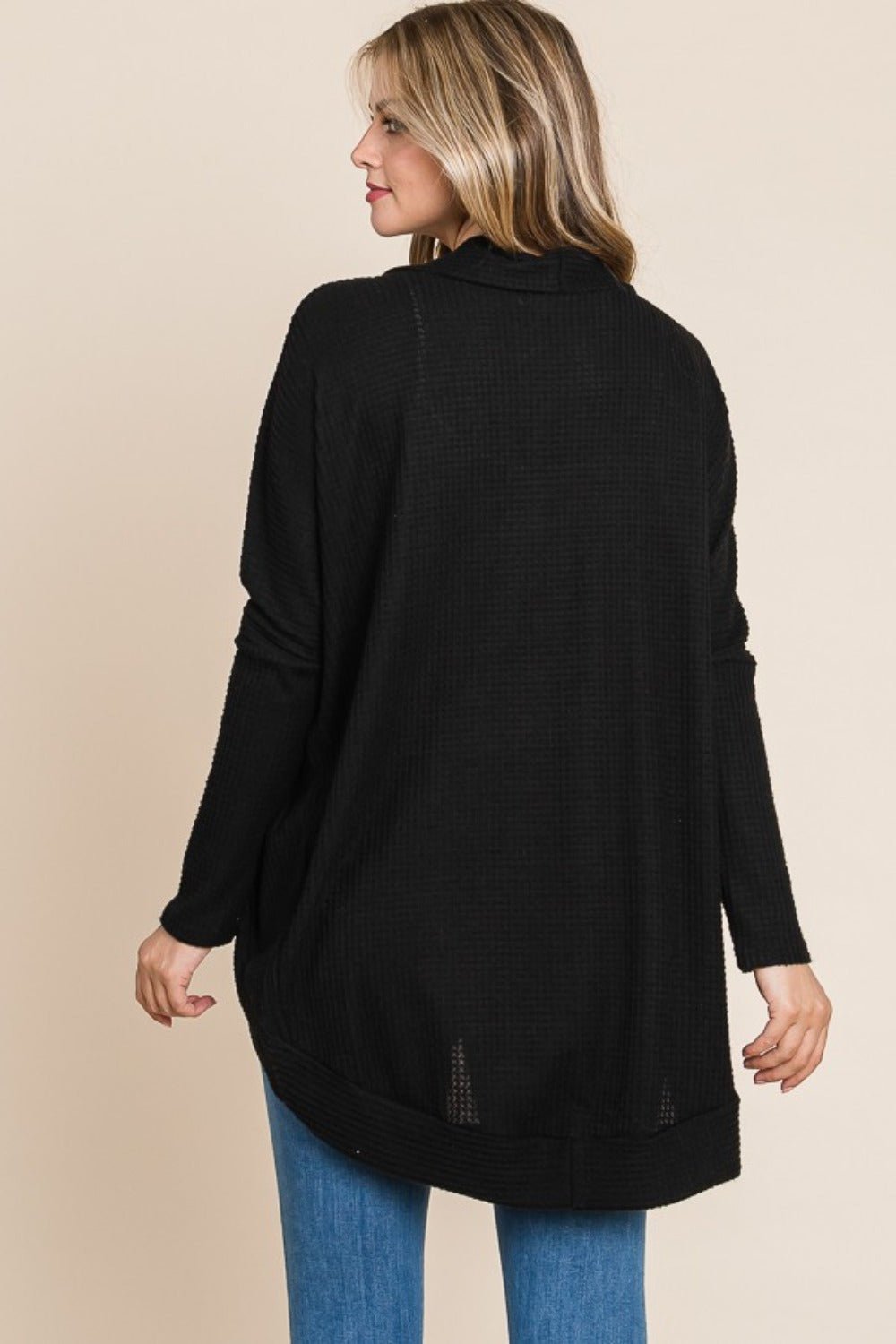 BOMBOM Open Front Waffle Knit Cocoon Cardigan - Cardigan - Black - Bella Bourget