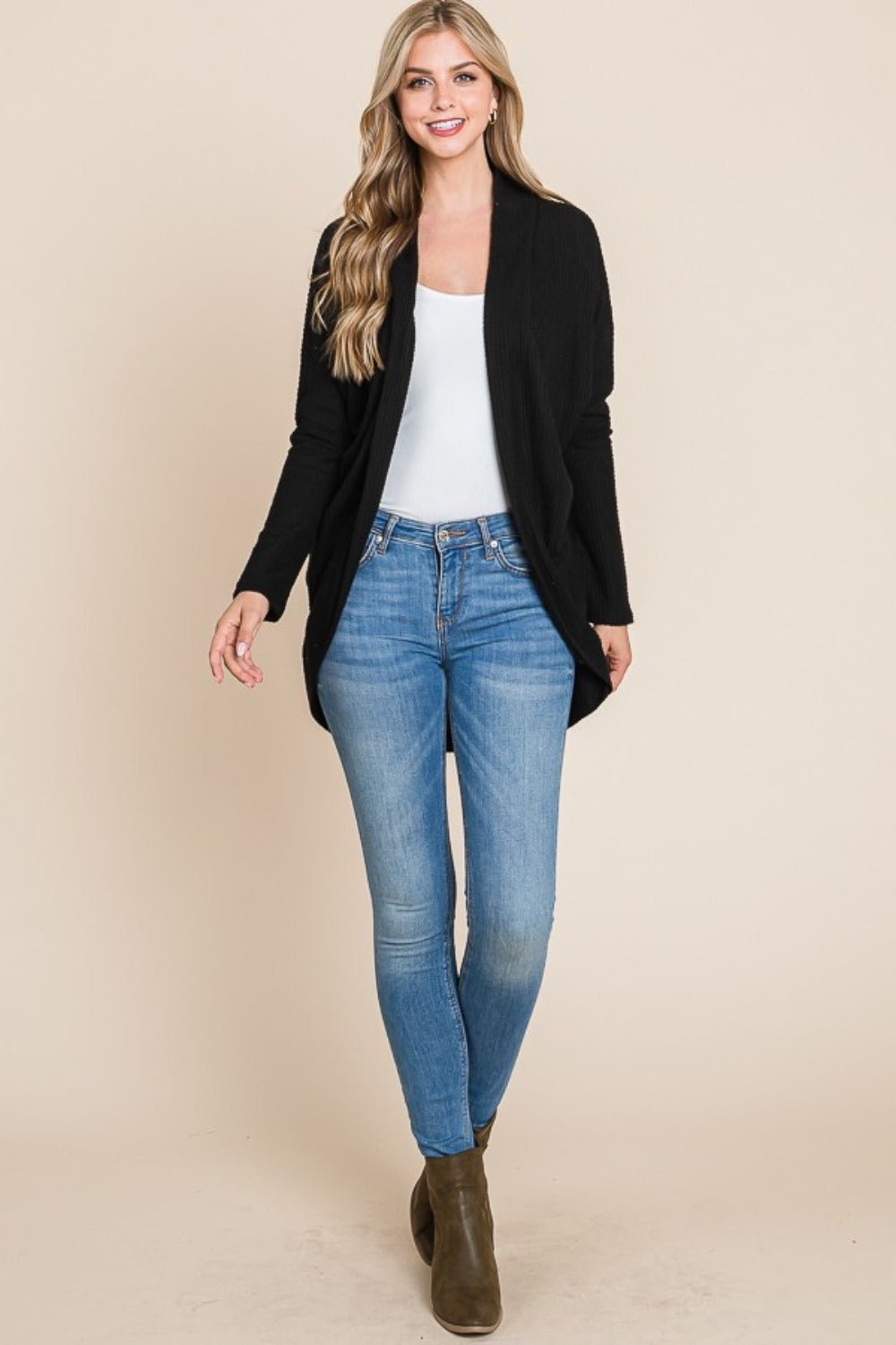 BOMBOM Open Front Waffle Knit Cocoon Cardigan - Cardigan - Black - Bella Bourget