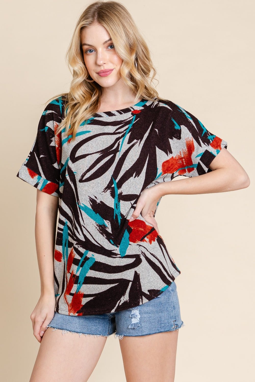 BOMBOM Printed Round Neck Short Sleeve T - Shirt - Top - Teal - Bella Bourget