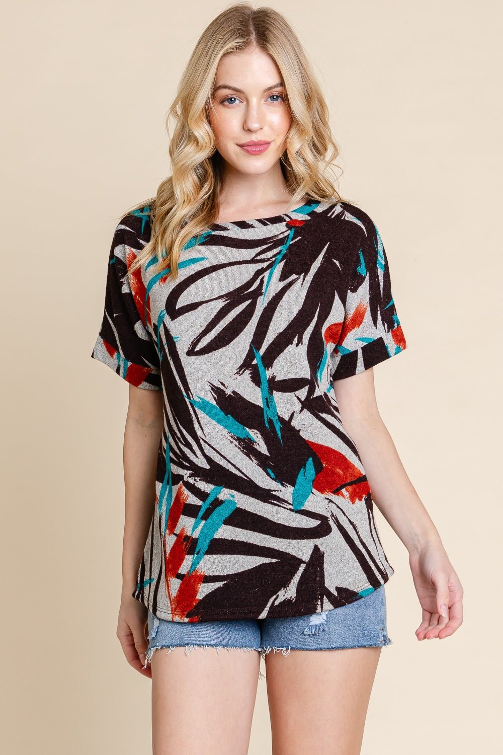 BOMBOM Printed Round Neck Short Sleeve T - Shirt - Top - Teal - Bella Bourget