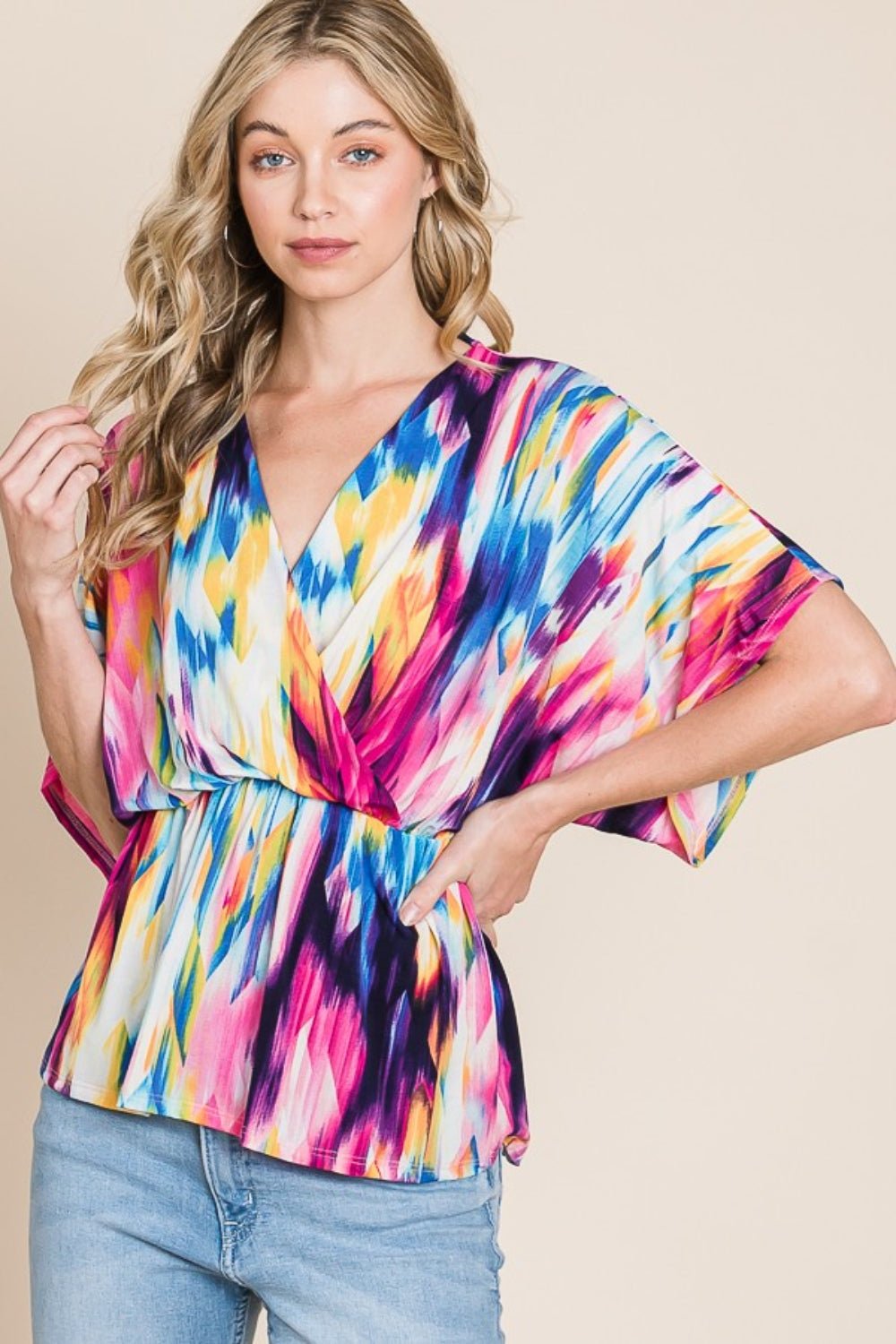 BOMBOM Printed Surplice Peplum Blouse - Top - Multicolor - Bella Bourget