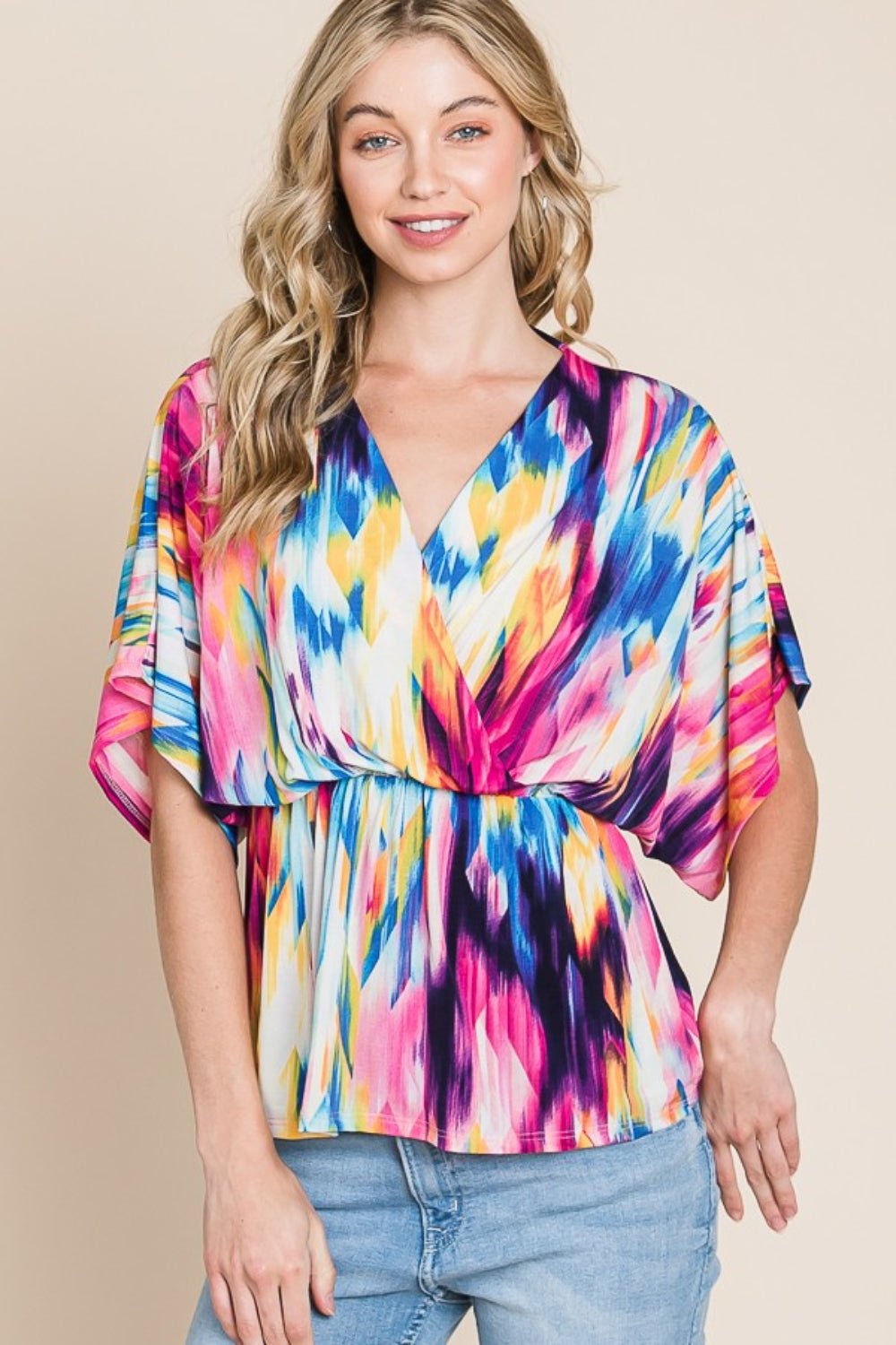 BOMBOM Printed Surplice Peplum Blouse - Top - Multicolor - Bella Bourget