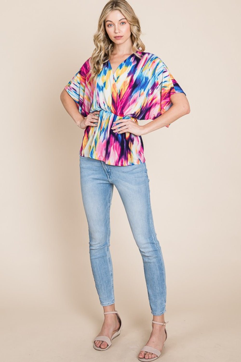 BOMBOM Printed Surplice Peplum Blouse - Top - Multicolor - Bella Bourget