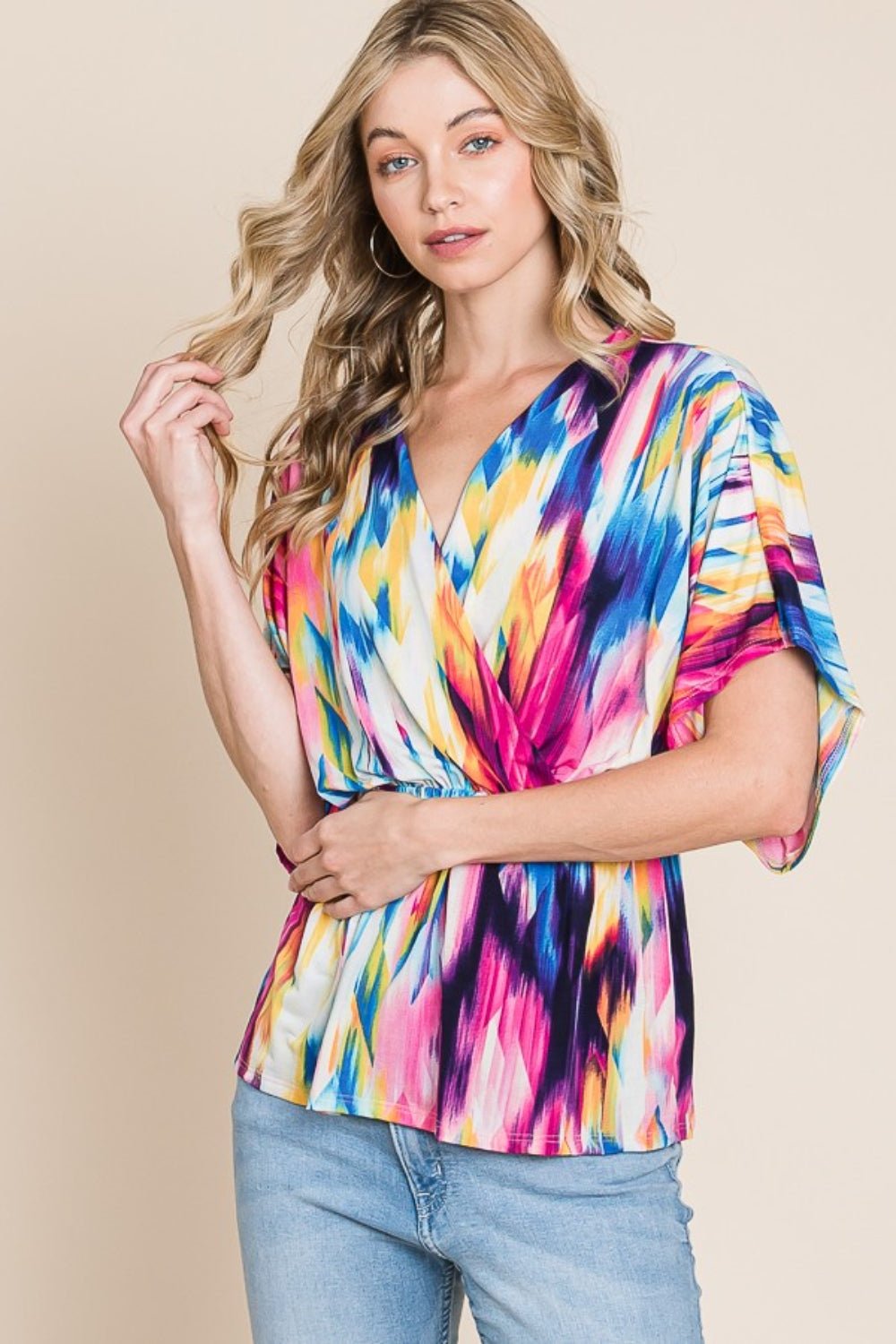 BOMBOM Printed Surplice Peplum Blouse - Top - Multicolor - Bella Bourget