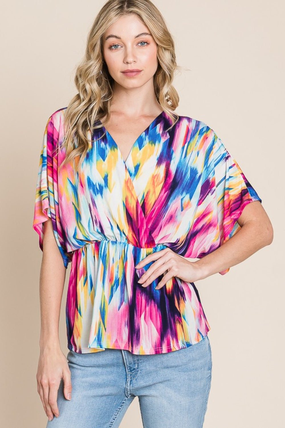 BOMBOM Printed Surplice Peplum Blouse - Top - Multicolor - Bella Bourget