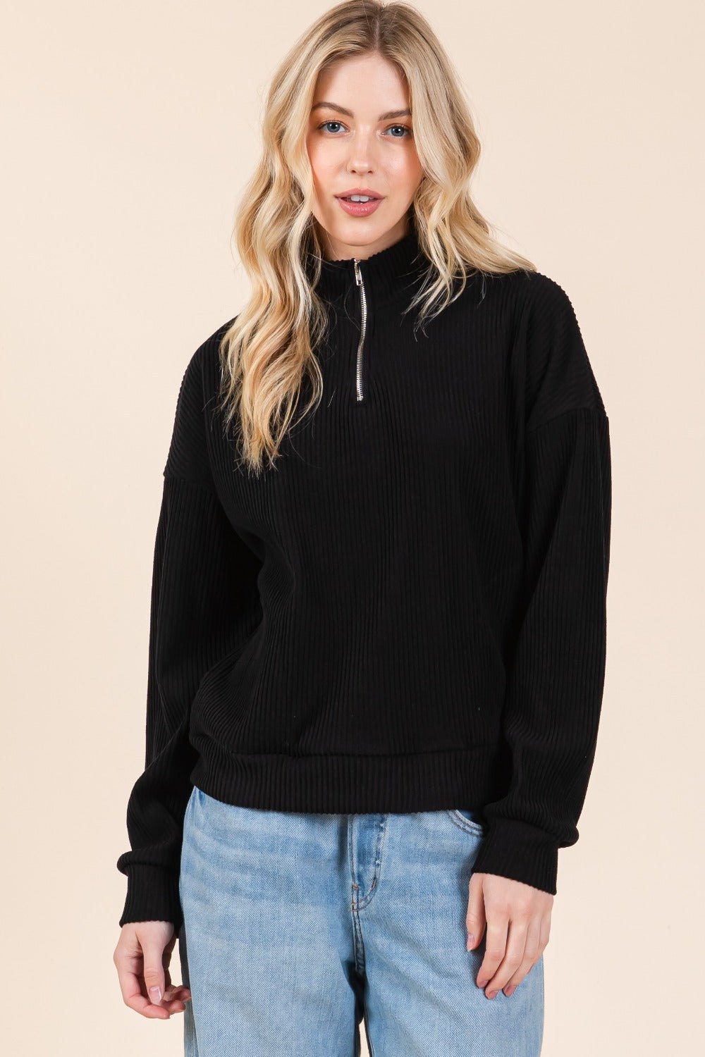 BOMBOM Quarter Zip Long Sleeve Sweatshirt with Pockets - Sweatshirt - Black - Bella Bourget