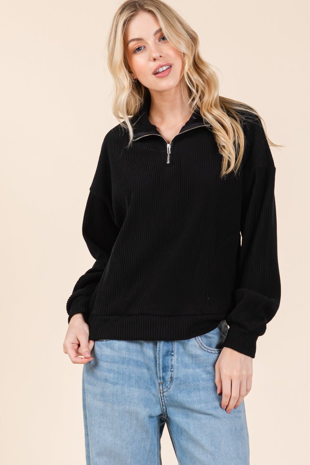 BOMBOM Quarter Zip Long Sleeve Sweatshirt with Pockets - Sweatshirt - Black - Bella Bourget