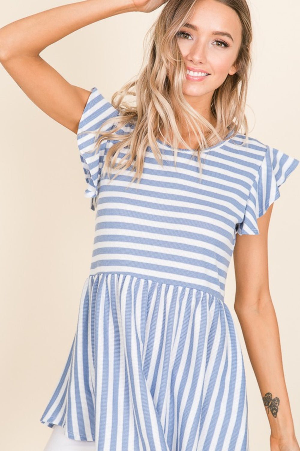 BOMBOM Striped Round Neck Blouse - Top - Blue - Bella Bourget