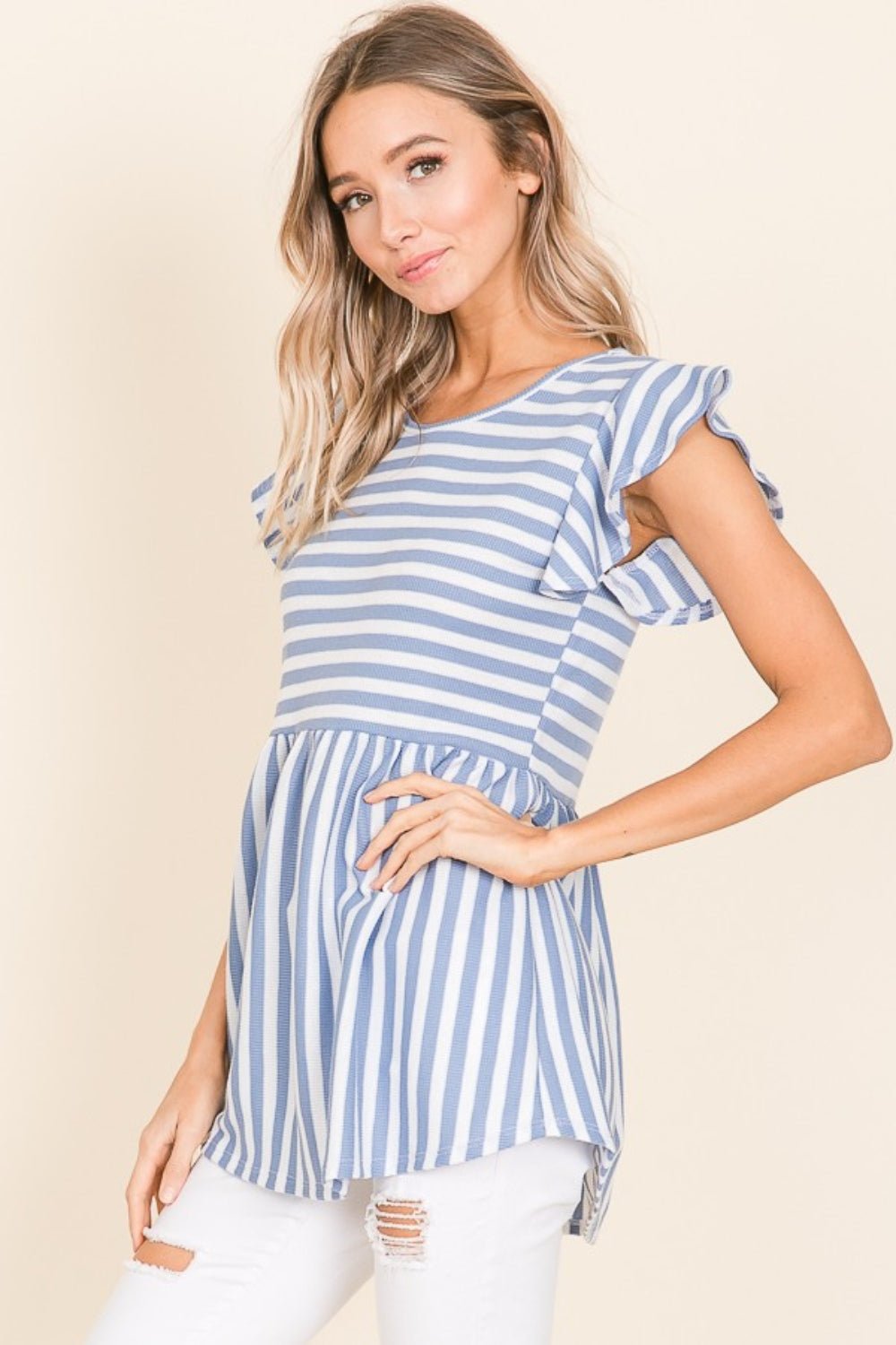 BOMBOM Striped Round Neck Blouse - Top - Blue - Bella Bourget