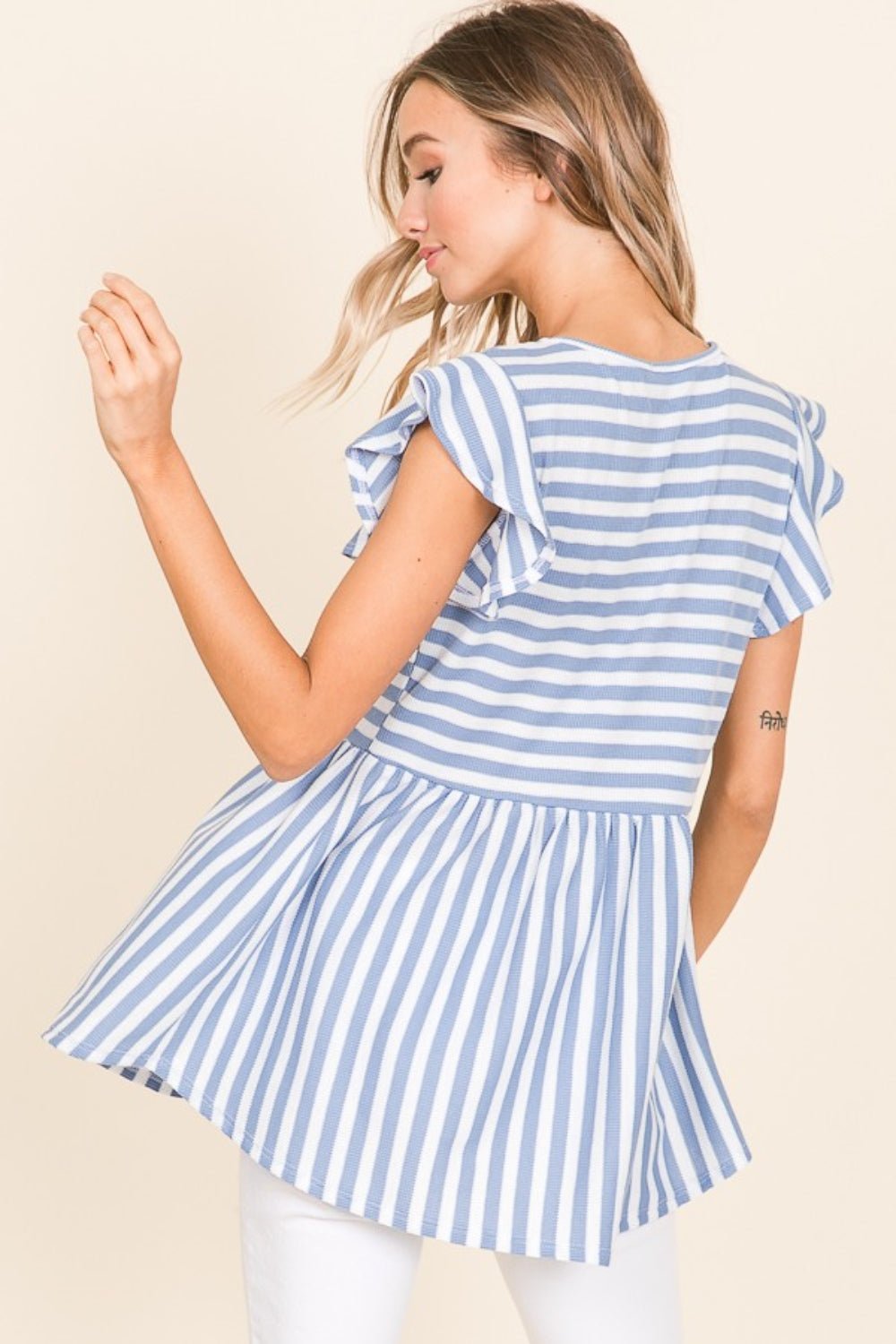 BOMBOM Striped Round Neck Blouse - Top - Blue - Bella Bourget