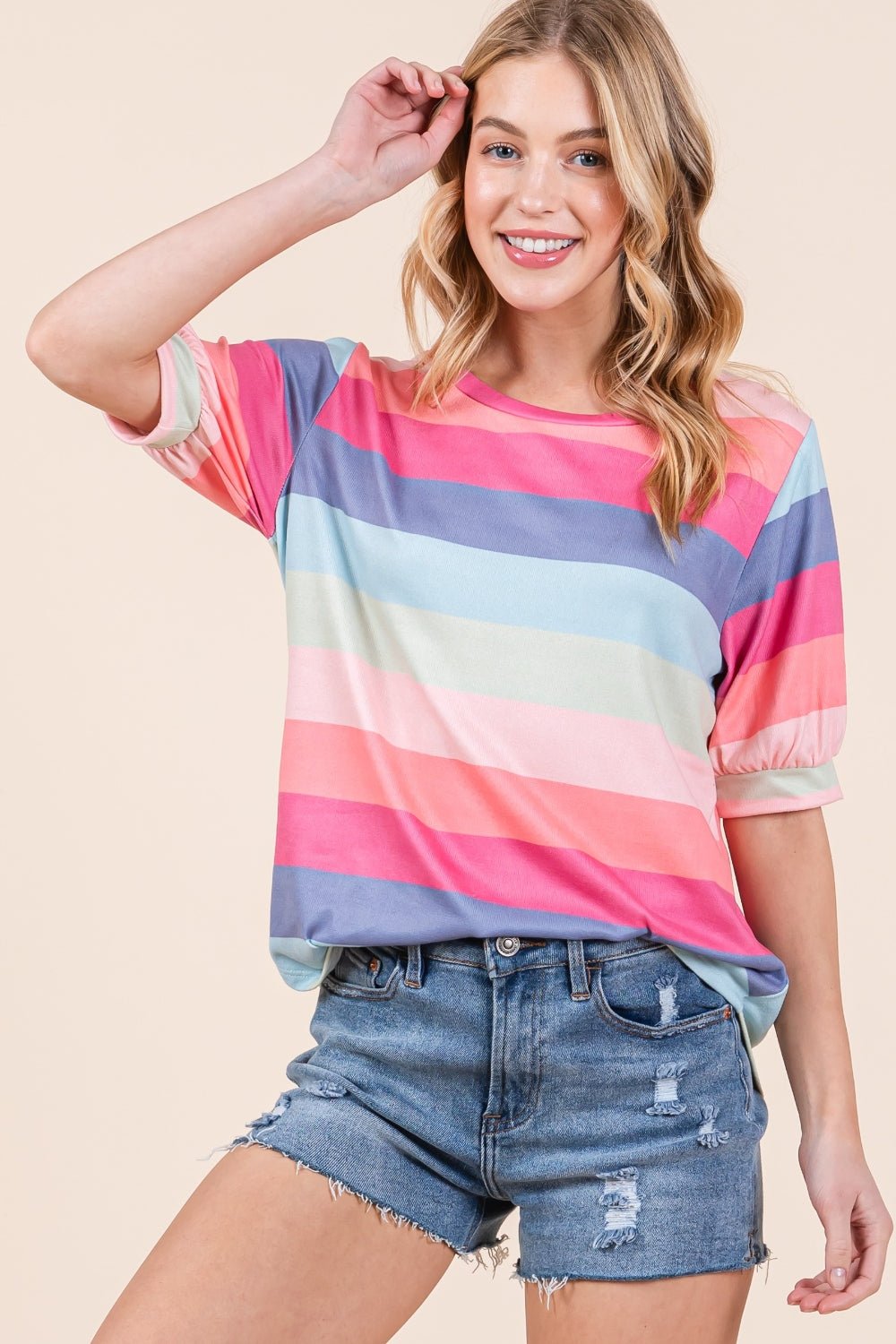 BOMBOM Striped Round Neck Half Sleeve T - Shirt - Top - Multicolor - Bella Bourget