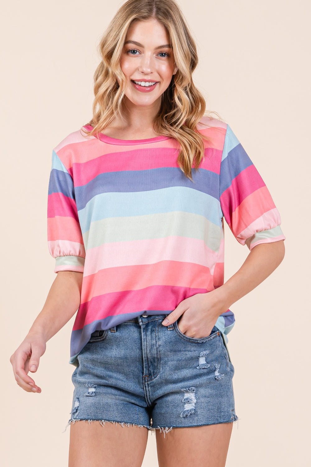 BOMBOM Striped Round Neck Half Sleeve T - Shirt - Top - Multicolor - Bella Bourget