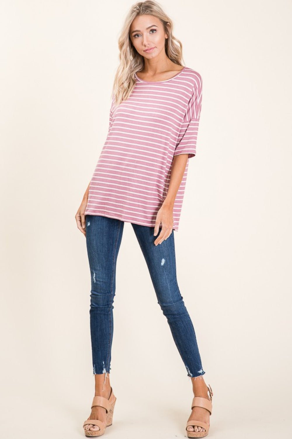 BOMBOM Striped Round Neck Half Sleeve T - Shirt - Top - Mauve - Bella Bourget