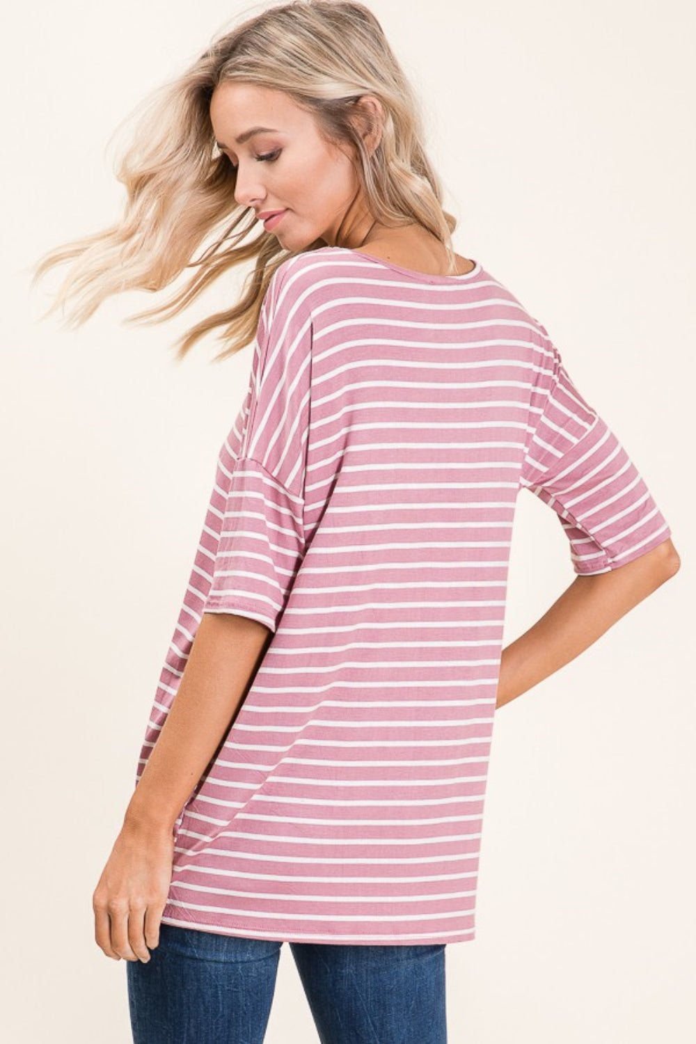 BOMBOM Striped Round Neck Half Sleeve T - Shirt - Top - Mauve - Bella Bourget