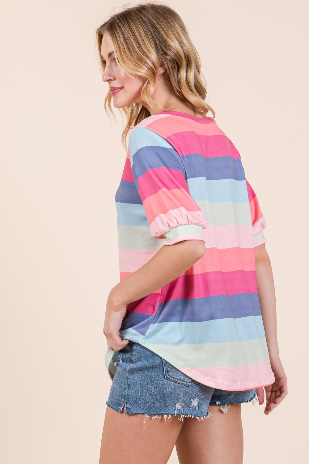 BOMBOM Striped Round Neck Half Sleeve T - Shirt - Top - Multicolor - Bella Bourget