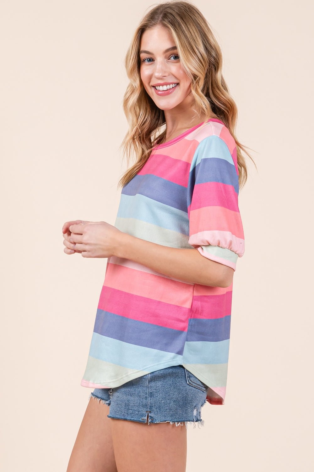 BOMBOM Striped Round Neck Half Sleeve T - Shirt - Top - Multicolor - Bella Bourget