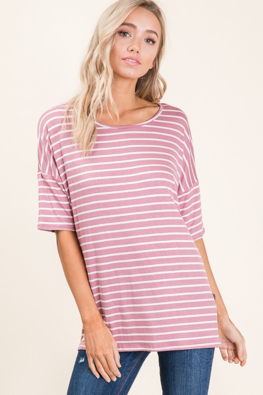 BOMBOM Striped Round Neck Half Sleeve T - Shirt - Top - Mauve - Bella Bourget