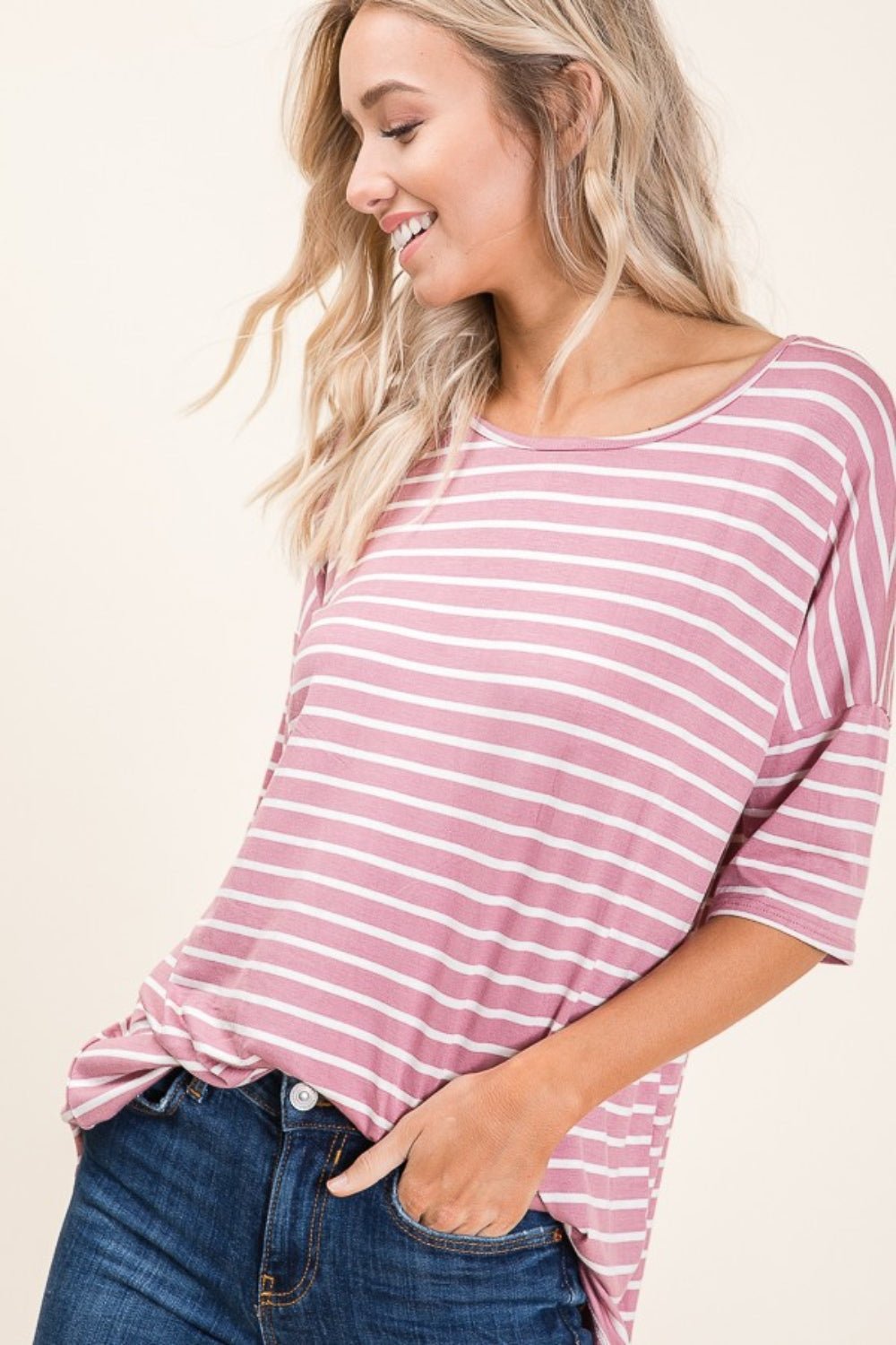 BOMBOM Striped Round Neck Half Sleeve T - Shirt - Top - Mauve - Bella Bourget