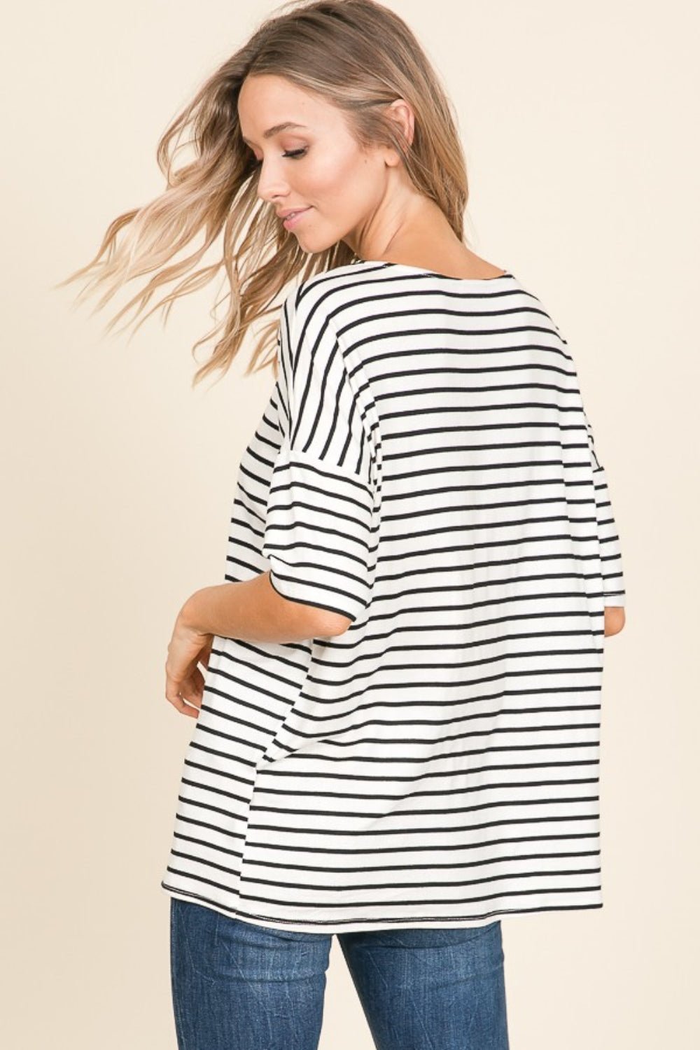 BOMBOM Striped Round Neck T - Shirt - Top - Ivory - Bella Bourget