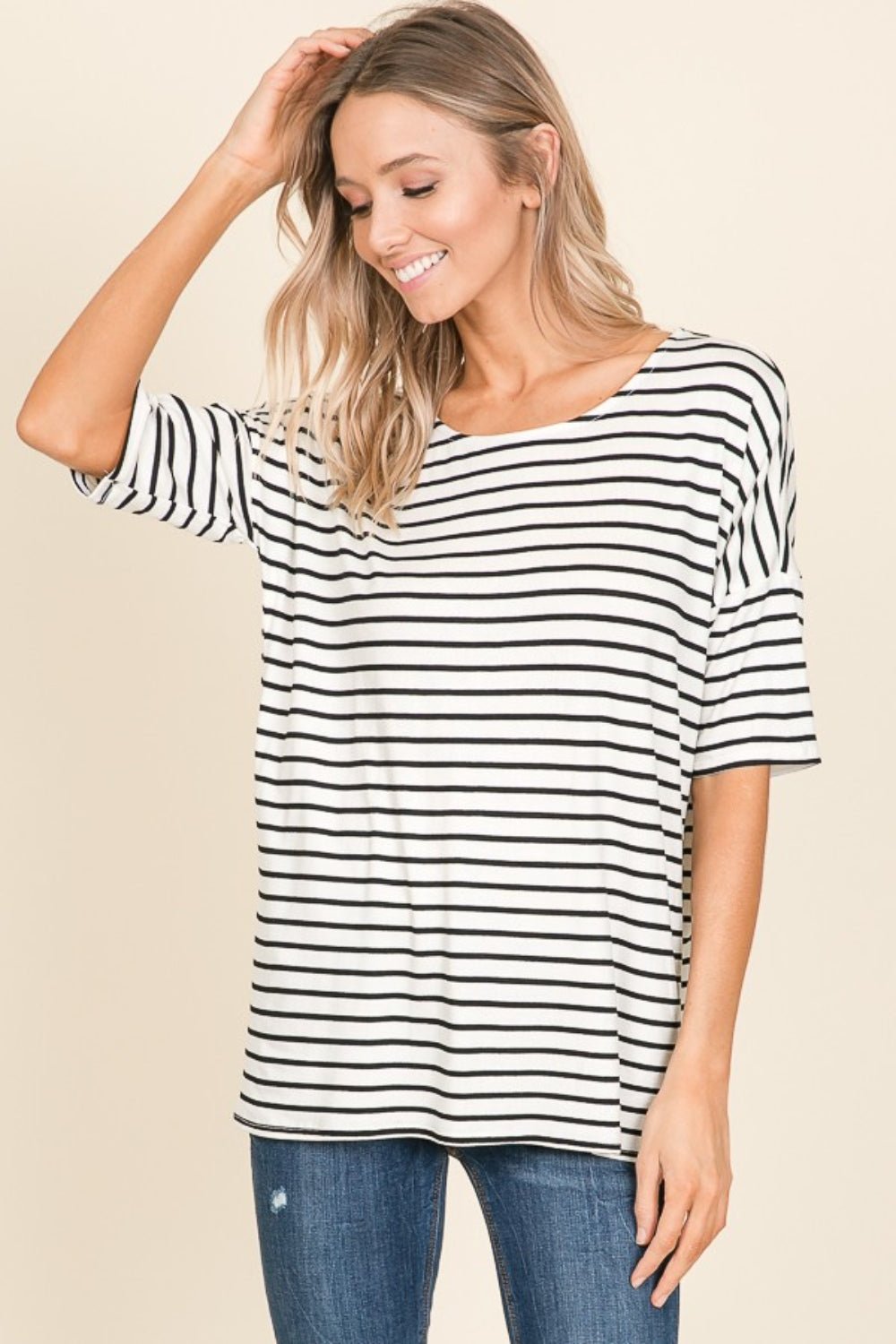 BOMBOM Striped Round Neck T - Shirt - Top - Ivory - Bella Bourget