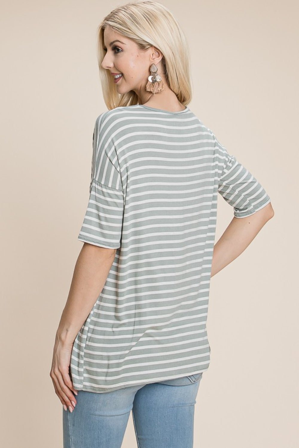 BOMBOM Striped Round Neck T - Shirt - Top - Sage - Bella Bourget