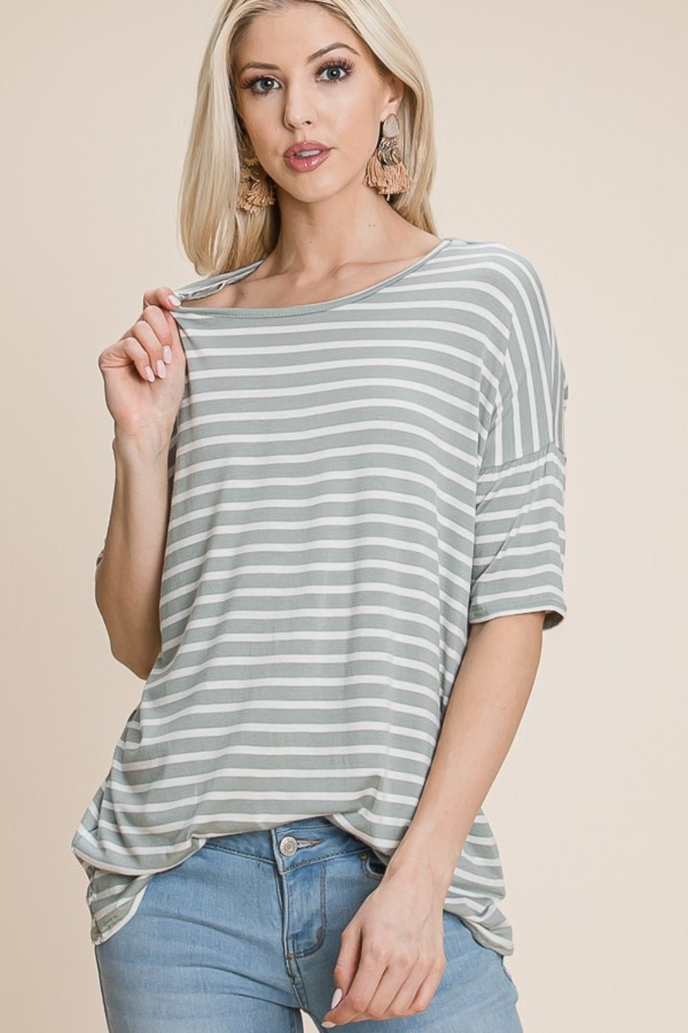 BOMBOM Striped Round Neck T - Shirt - Top - Sage - Bella Bourget