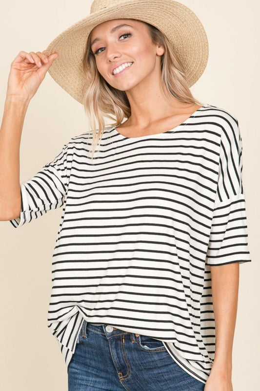 BOMBOM Striped Round Neck T - Shirt - Top - Ivory - Bella Bourget