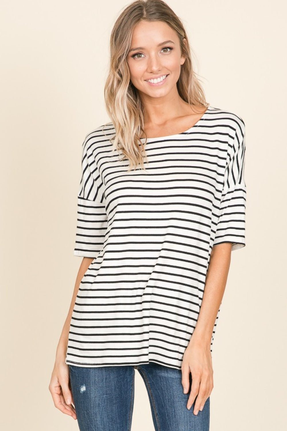 BOMBOM Striped Round Neck T - Shirt - Top - Ivory - Bella Bourget