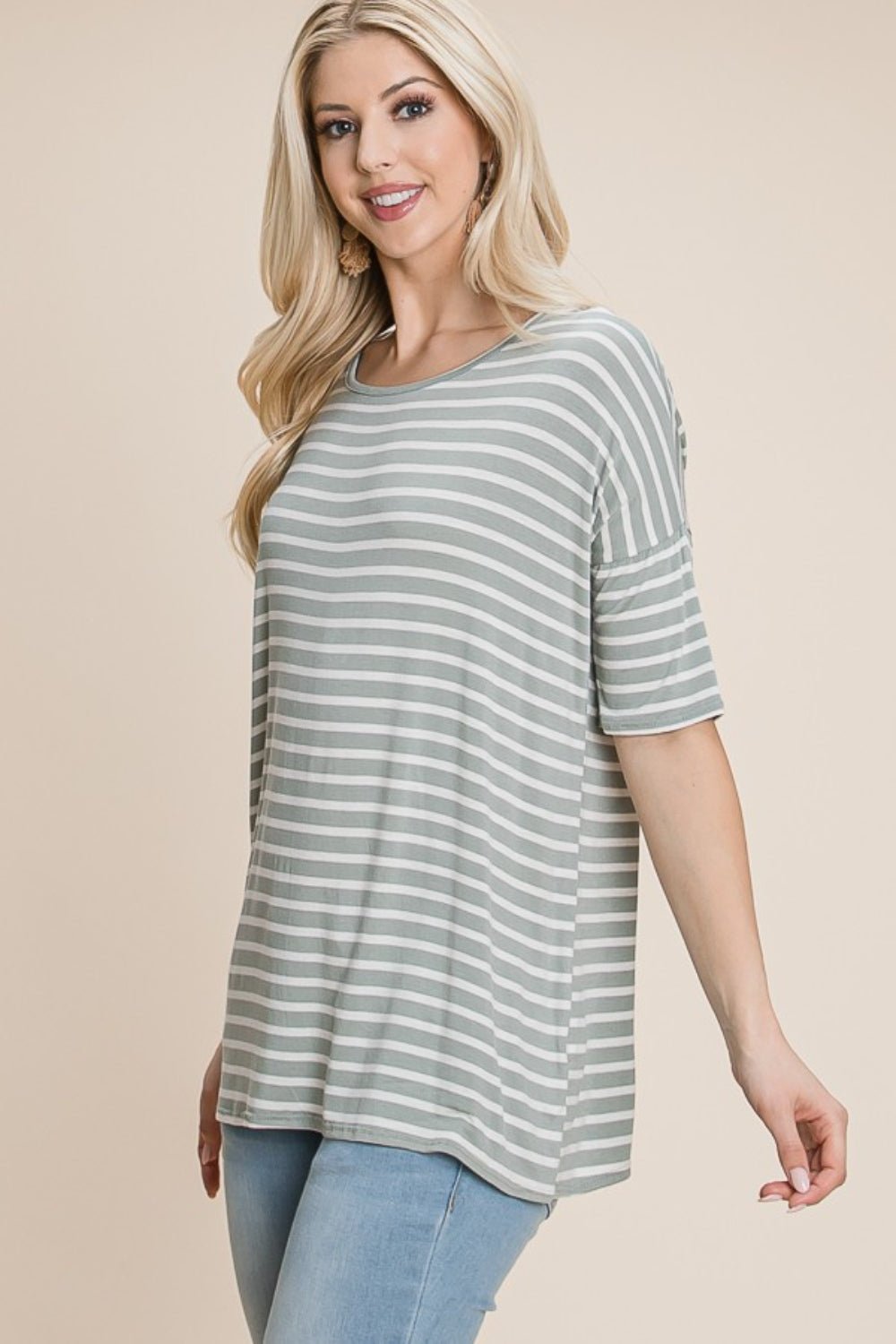 BOMBOM Striped Round Neck T - Shirt - Top - Sage - Bella Bourget