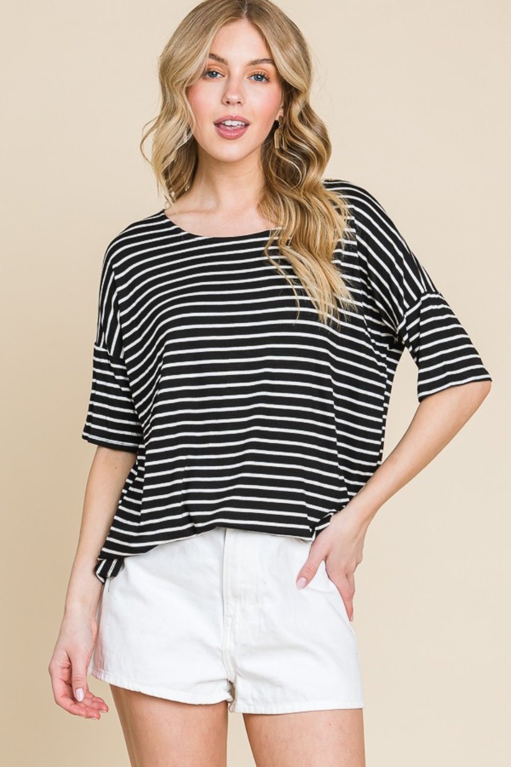 BOMBOM Striped Round Neck T - Shirt - Top - Black - Bella Bourget