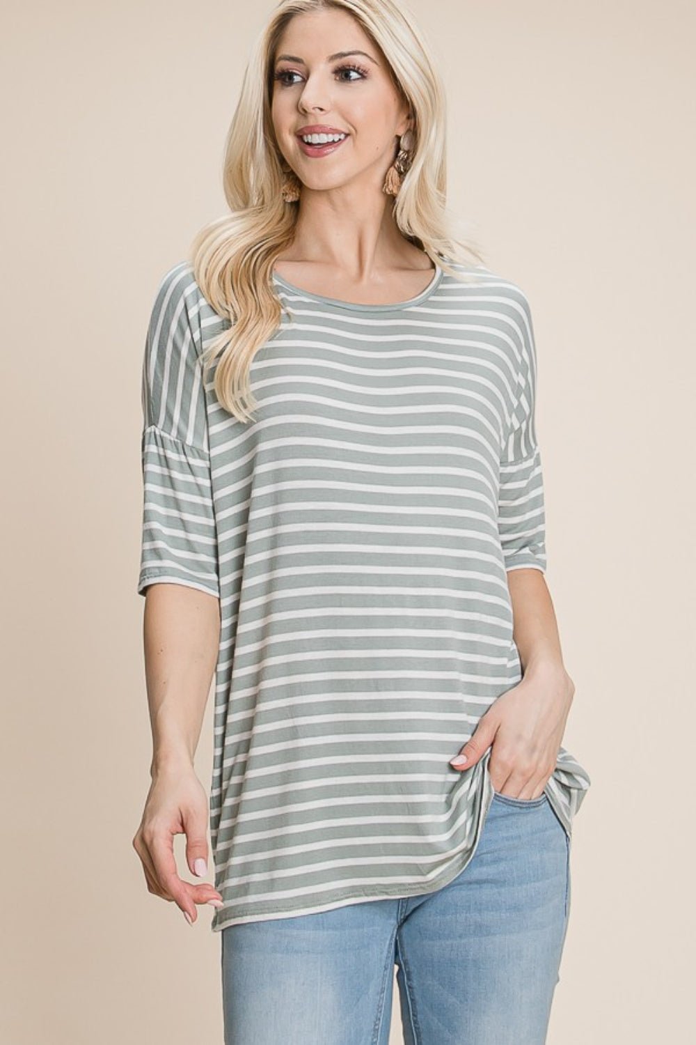 BOMBOM Striped Round Neck T - Shirt - Top - Sage - Bella Bourget