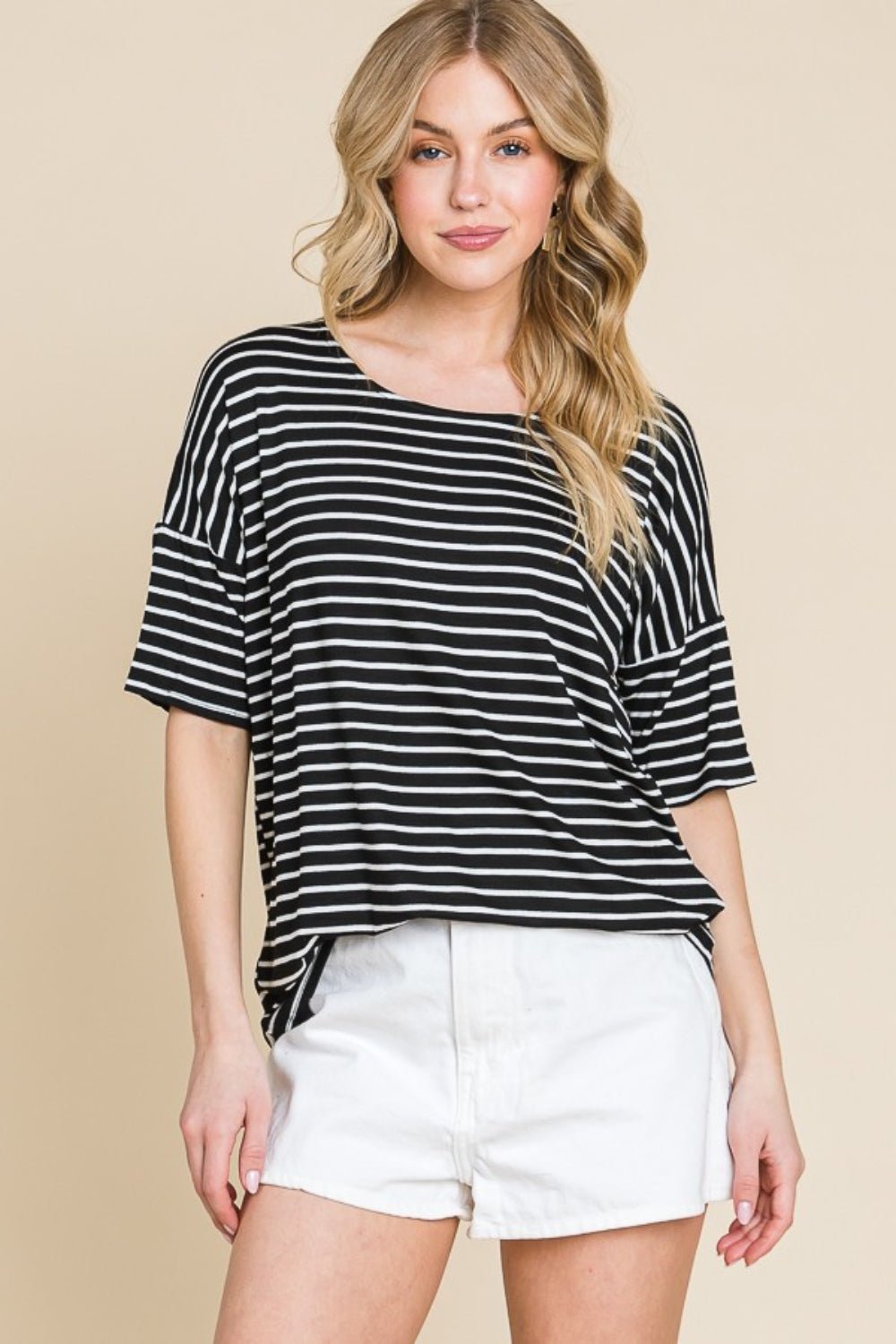 BOMBOM Striped Round Neck T - Shirt - Top - Black - Bella Bourget